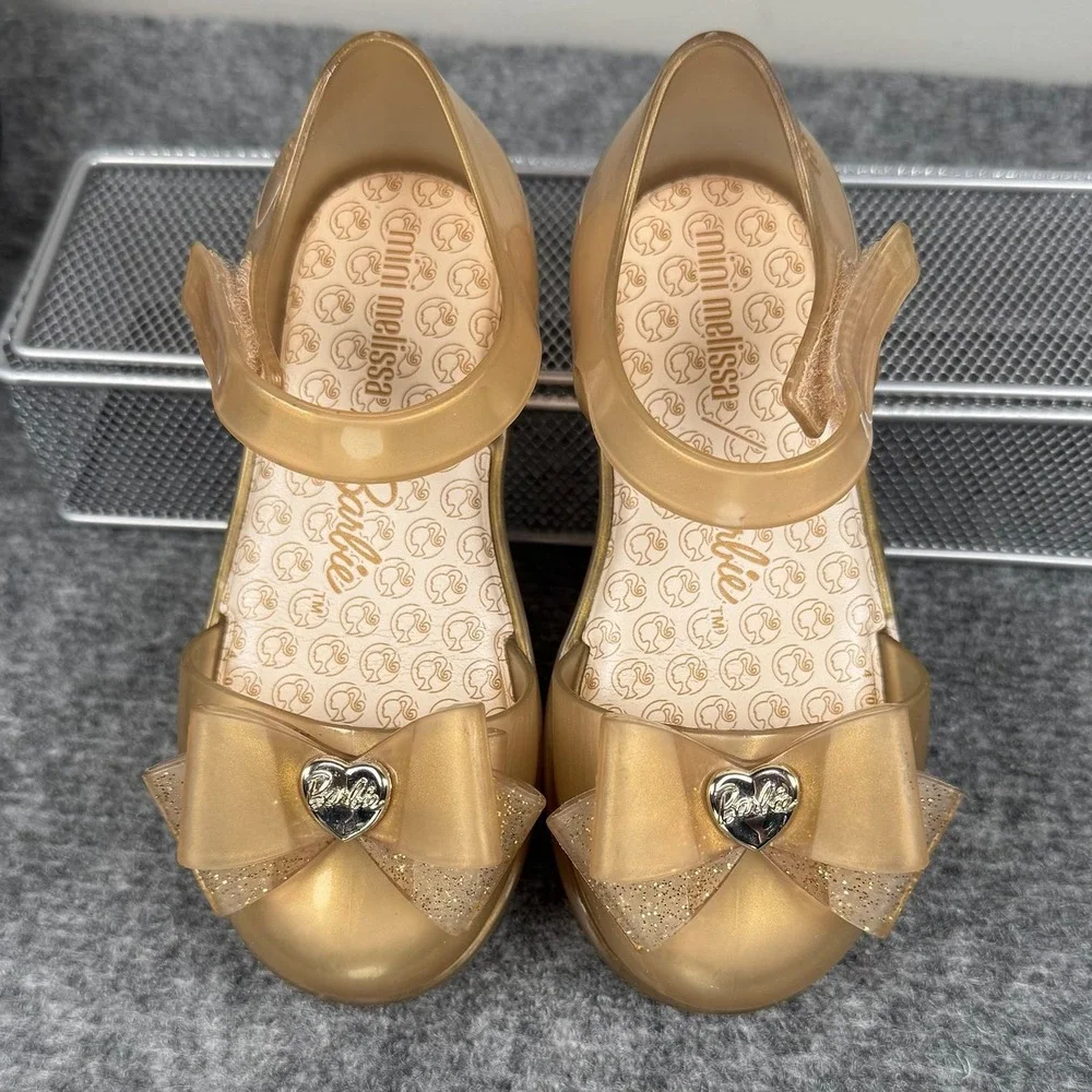 MINI MELISSA Barbie Girls Gold Jelly Bow Mary Jane Velcro Sandals Toddler 9
